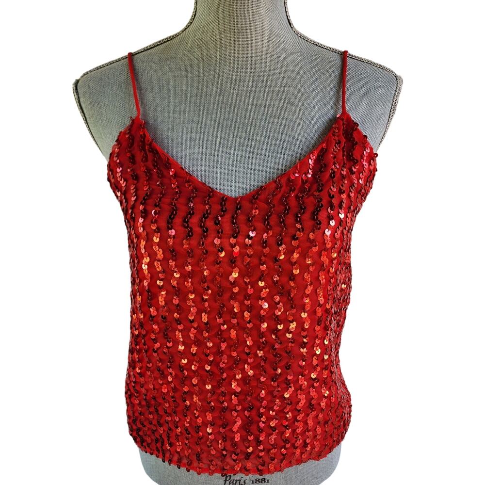 Helene Sidel Vintage 90s Red Sequin Camisole Top sz 8 Party Y2K